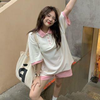 Two-tone Oversized Polo Shirt / Plain Wide-leg Shorts