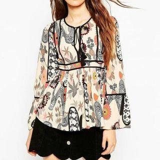 Long-sleeve Tie-front Printed Top