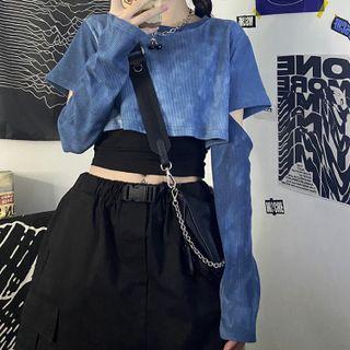 Set: Long-sleeve Cutout Tie-dyed Crop T-shirt + Camisole Top