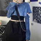 Set: Long-sleeve Cutout Tie-dyed Crop T-shirt + Camisole Top
