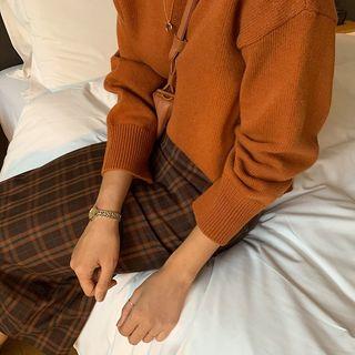 Set: Plain Buttoned Sweater + Plaid Slim-fit Midi Skirt
