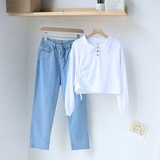 Long-sleeve Drawstring Polo Shirt / Straight Fit Jeans