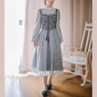 Mock Two-piece Long-sleeve Floral Embroidered Tasseled Midi A-line Dress