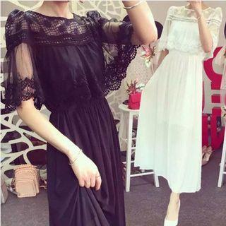Lace Panel Elbow Sleeve Maxi Dress
