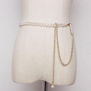 Faux-pearl Waist Belt White - One Size