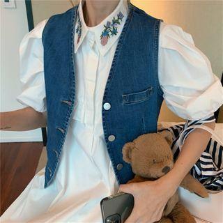 Embroidered Collar Short-sleeve Mini A-line Dress / Button-up Denim Vest