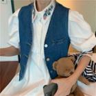 Embroidered Collar Short-sleeve Mini A-line Dress / Button-up Denim Vest