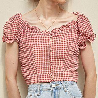 Frilled Trim Off-shoulder Gingham Cropped Top