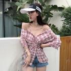 Plaid Cold Shoulder Twisted Blouse
