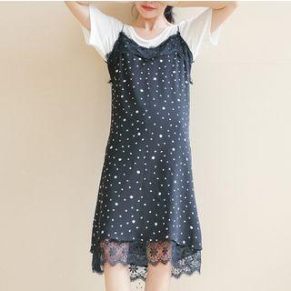 Spaghetti-strap Lace Trim Dotted Dress
