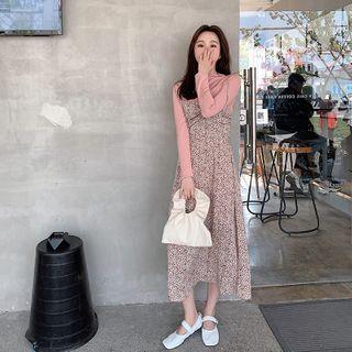 Set : Floral Spaghetti-strap Dress + T-shirt