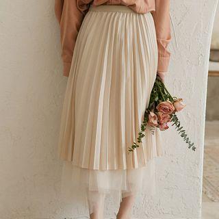 Mesh Hem Accordion Pleat Midi Skirt Champagne - One Size