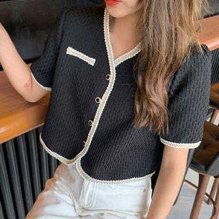 Short-sleeve V-neck Contrast Trim Tweed Cardigan