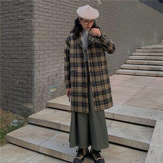 Single-breasted Plaid Coat / Wide-leg Pants