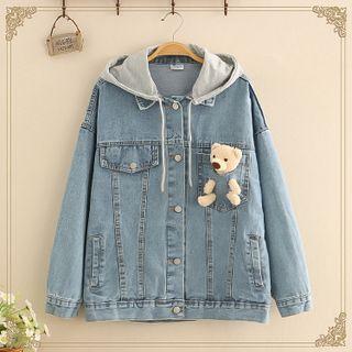 Bear Applique Hood Denim Jacket As Shown In Figure - One Size