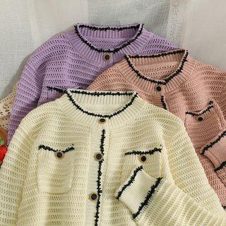 Contrasted Open-knit Crew-neck Cardigan