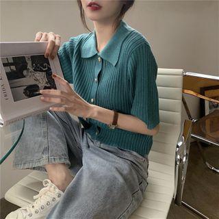 Short-sleeve Collared Ribbed Knit Top