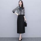 Set: Long-sleeve Tie-neck Houndstooth Blouse + Midi A-line Skirt
