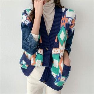 Denim-sleeve Patterned Cardigan Navy Blue - One Size