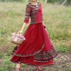 Set: Elbow-sleeve Pattern Top + A-line Maxi Skirt