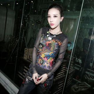Printed Sheer Glitter Long-sleeve Top