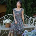 Sleeveless Floral Print Lace-up Midi Chiffon Dress