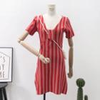 Deep V-neck Striped A-line Dress Red - One Size