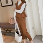 Set: Mock Neck Long-sleeve Knit Top + V-neck Peplum Vest + Cropped Pants