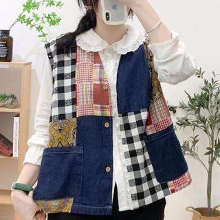 Sleeveless Denim Panel Printed Vest