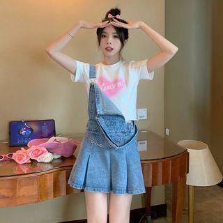 Short-sleeve Heart Print T-shirt / Denim Overall Dress