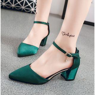 Satin Pointy-toe Block-heel Pumps