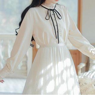 Puff-sleeve Bow Ruffled Blouse / Midi A-line Skirt