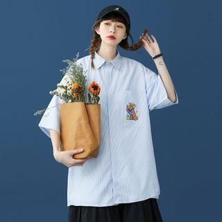 Elbow-sleeve Pinstriped Bear Print Shirt
