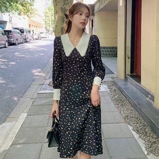 Long-sleeve Collared Floral Print A-line Dress