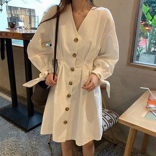 Plain V-neck Puff-sleeve A-line Dress White - One Size