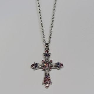 Rhinestone Cross Pendant Necklace Pink & Silver - One Size