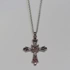 Rhinestone Cross Pendant Necklace Pink & Silver - One Size