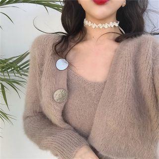 Set: Plain Sleeveless Top + Cardigan Light Coffee - One Size