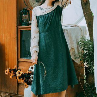 Long-sleeve Floral Paneled A-line Midi Dress