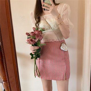 Balloon-sleeve Mesh Blouse / Gingham A-line Skirt