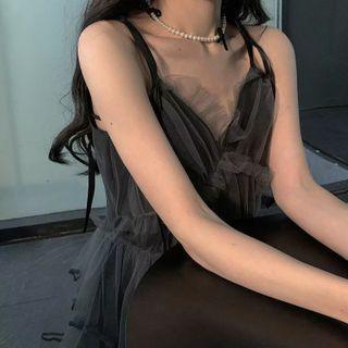 Spaghetti Strap A-line Mesh Dress Dark Gray - One Size