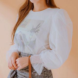 Ruffle-cuff Mesh Top