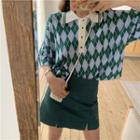 3/4-sleeve Argyle Knit Top / A-line Mini Skirt