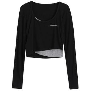 Mock Two-piece Long-sleeve Lettering Crop Top