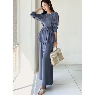 Set: Tie-sash A-line Top + Wide-leg Pants