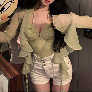 Chiffon Ruffled Top / Plain Camisole / Chained Shorts