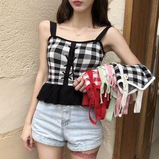 Sleeveless Lace Up Plaid Knit Top