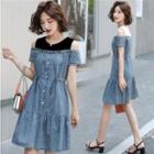 Mock Two-piece Cold-shoulder Denim Dress