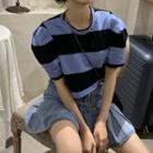 Puff-sleeve Striped T-shirt Stripes - Navy Blue - One Size