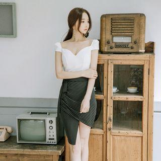 Set: Plain Short Sleeve Top + Striped Wrap Skirt
